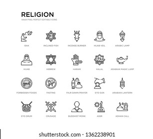 set of 20 line icons such as fajr dawn prayer, fasting, forbidden foods, halal, haram, hebrew, hijab, hijab veil, incense burner, inclined fish. religion outline thin icons collection. editable