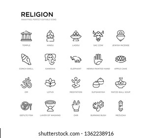 set of 20 line icons such as meditation, lotus, om, henna painted hand, elephant, ganesha, conch shell, sac cow, laddu, hindu. religion outline thin icons collection. editable 64x64 stroke
