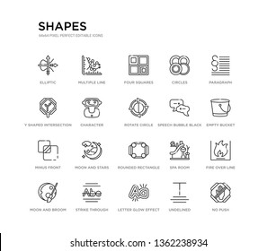 set of 20 line icons such as rounded rectangle, moon and stars, minus front, speech bubble black, rotate circle, character, y shaped intersection, circles, four squares, multiple line. shapes