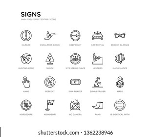 set of 20 line icons such as isha prayer, percent, hand, upstairs, site seeing place, shock, hunting zone, car rental, keep right, escalator going down. signs outline thin icons collection. editable