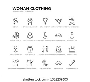 set of 20 line icons such as hair wig with side?, skirt with slit and belt?, female swimsuit?, glasses for eyes?, strapless tube dress?, hobo shoulder bag?, parfum bottle?, rectangular eyeglass