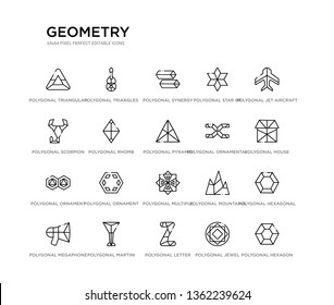 set of 20 line icons such as polygonal multiple stars, polygonal ornament, polygonal ornament of hexagons and triangles, ornamental shape of triangles, pyramid triangles, rhomb, scorpion, star six