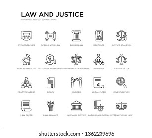 set of 20 line icons such as murder, policy, practise areas, prisioner, property and finance, qualified protection, real estate law, recorder, roman law, scroll with law. and justice outline thin