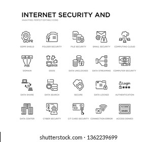 set of 20 line icons such as secure, data search, data share, data streaming, unclocked, ddos, domain, email security, file security, folder security. internet and outline thin icons collection.
