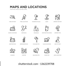 conjunto de iconos de 20 líneas como pin universitario, demografía, destino, hecho, desactivado, distancia, chevron inferior, este, lugar favorito, ubicación de búsqueda. mapas y ubicaciones iconos delgados de esquema