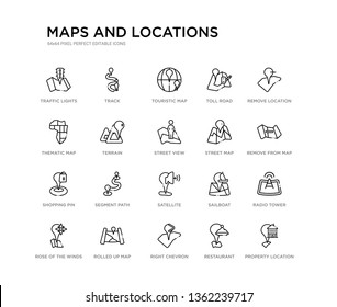 set of 20 line icons such as satellite, segment path, shopping pin, street map, street view, terrain, thematic map, toll road, touristic map, track. maps and locations outline thin icons collection.