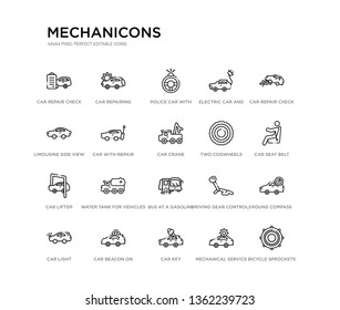 set of 20 line icons such as bus at a gasoline station, water tank for vehicles, car lifter, two cogwheels, car crane, car with repair equipment, limousine side view, electric and plug, police with