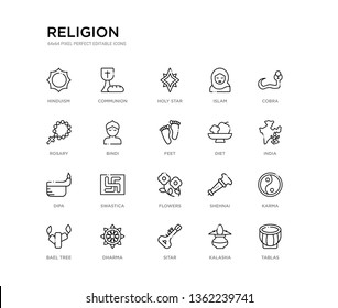 set of 20 line icons such as flowers, swastica, dipa, diet, feet, bindi, rosary, islam, holy star, communion. religion outline thin icons collection. editable 64x64 stroke