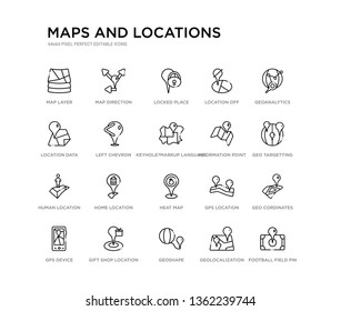 Set Of 20 Line Icons Such As Heat Map, Home Location, Human Location, Information Point Pin, Keyhole?markup Language, Left Chevron, Location Data, Off, Locked Place, Map Direction. Maps And