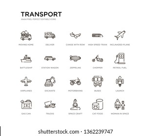 set of 20 line icons such as motorbiking, excavate, airplanes, chopper, zeppelins, station wagon, battleship, high speed train, canoe with row, deliver. transport outline thin icons collection.