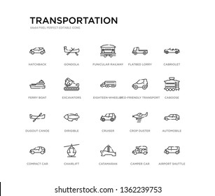 set of 20 line icons such as cruiser, dirigible, dugout canoe, eco-friendly transport, eighteen-wheeler, excavators, ferry boat, flatbed lorry, funicular railway, gondola. transportation outline