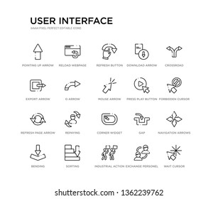 set of 20 line icons such as corner widget, repaying, refresh page arrow button, press play button, mouse arrow, o arrow, export download refresh button, reload webpage. user interface outline thin