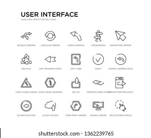 Set Of 20 Line Icons Such As Key Up, Curvy Road Warning, Curvy Road Ahead, Right, Left Turn, Left Reverse Curve, Recycle, Crossroads, Curve Arrows, Circular Arrow. User Interface Outline Thin Icons