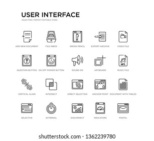 set of 20 line icons such as direct selection, intersect, vertical align, artboard, sound on, on off power button, question button, export archive, gross pencil, file inbox. user interface outline