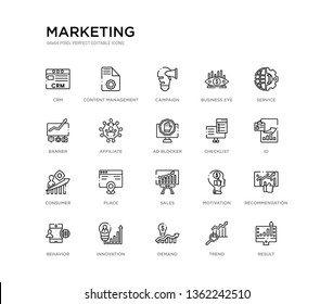 set of 20 line icons such as sales, place, consumer, checklist, ad blocker, affiliate, banner, business eye, campaign, content management. marketing outline thin icons collection. editable 64x64