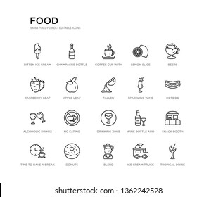 set of 20 line icons such as drinking zone, no eating, alcoholic drinks, sparkling wine, fallen, apple leaf, raspberry leaf, lemon slice, coffee cup with steam, champagne bottle. food outline thin