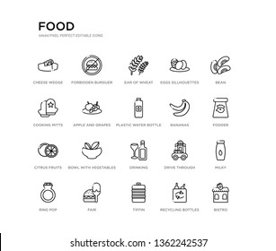set of 20 line icons such as drinking, bowl with vegetables, citrus fruits, bananas, plastic water bottle, apple and grapes, cooking mitts, eggs sillhouettes, ear of wheat, forbidden burguer. food