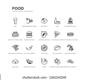 set of 20 line icons such as two eggs, hot chilli pepper, sushi and chopsticks, triangular pizza slice, warm black mug, double burger, cake with one candle, sake, rice bowl, hamburger and drink.