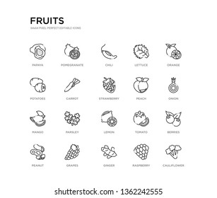 set of 20 line icons such as lemon, parsley, mango, peach, strawberry, carrot, potatoes, lettuce, chili, pomegranate. fruits outline thin icons collection. editable 64x64 stroke