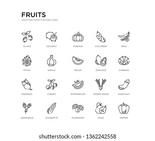 set of 20 line icons such as watermelon, cherry, radishes, avocado, melon, garlic, pitaya, cucumber, pumpkin, coconut. fruits outline thin icons collection. editable 64x64 stroke