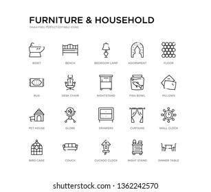 set of 20 line icons such as drawers, globe, pet house, fish bowl, nightstand, desk chair, rug, adornment, bedroom lamp, bench. furniture & household outline thin icons collection. editable 64x64