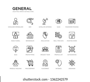 set of 20 line icons such as project team, prototyping, quiz, real time data, realization, referendum, road tunnel, saas, satellite antenna, sem. general outline thin icons collection. editable