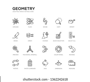 set of 20 line icons such as  , polygonal windmill, preview, quick selection, change, array, erase, copy, spline, flow. geometry outline thin icons collection. editable 64x64 stroke