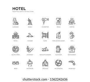 set of 20 line icons such as vacuum cleaner, stairway, no pictures, fire extinguisher, bunk, hanger, hotel, menu, hairdryer, dubai. hotel outline thin icons collection. editable 64x64 stroke