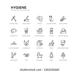 set of 20 line icons such as antiseptic, underwear, clothes hanger, cotton, laundry basket, water heater, shower cap, electric razor, tissues, toilet brush. hygiene outline thin icons collection.
