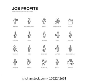 set of 20 line icons such as engineer, geek, fireman, chef, woman, pilot, captain, firefighter, priest, secret service. job profits outline thin icons collection. editable 64x64 stroke