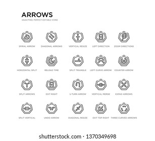 set of 20 line icons such as u turn arrow, exit right, split arrows, left curve arrow, split triangle, reload time, horizontal split, left direction, vertical resize, diagonal arrows. arrows outline