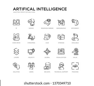 set of 20 line icons such as global, velocity, layers, storage, xlsx, streaming, hard drive, demographic, rearview mirror, survey. artifical intelligence outline thin icons collection. editable