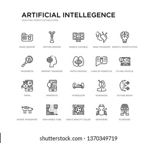 set of 20 line icons such as hyperloop, immersive, infra, laws of robotics, match moving, memory transfer, microbots, mind transfer, mobile flexible display, motion sensor. artificial intellegence