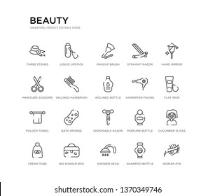 set of 20 line icons such as disposable razor, bath sponge, folded towel, hairdryer facing left, inclined bottle, inclined hairbrush, manicure scissors, straight razor, makeup brush, liquid