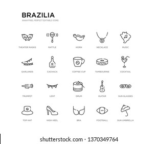 set of 20 line icons such as drum, lent, trumpet, tambourine, coffee cup, cachaca, garlands, necklace, horn, rattle. brazilia outline thin icons collection. editable 64x64 stroke