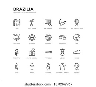 set of 20 line icons such as vuvuzela, photo camera, pineapple, rainbow, monkey, flower, costume, feathers, xylophone, soft drink. brazilia outline thin icons collection. editable 64x64 stroke