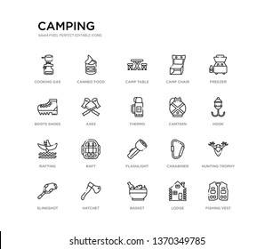 set of 20 line icons such as flashlight, raft, rafting, canteen, thermo, axes, boots shoes, camp chair, camp table, canned food. camping outline thin icons collection. editable 64x64 stroke