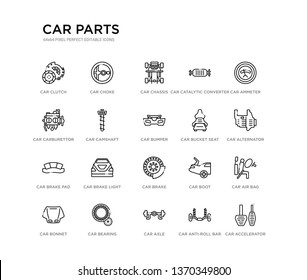 set of 20 line icons such as car brake, car brake light, car brake pad, bucket seat, bumper, camshaft, carburettor, catalytic converter, chassis, choke. parts outline thin icons collection. editable