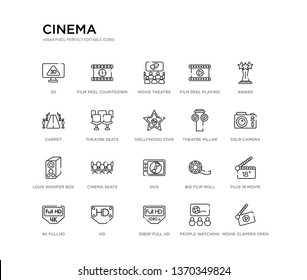 set of 20 line icons such as dvd, cinema seats, loud woofer box, theatre pillar, hollywood star, theatre seats, carpet, film reel playing, movie theatre, film reel countdown number 2. cinema outline