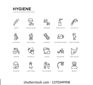 set of 20 line icons such as lather, scrub up, varnish, detergent dose?, parasite, face cream, hair tonic, pump bottle, microbes, drying hands. hygiene outline thin icons collection. editable 64x64