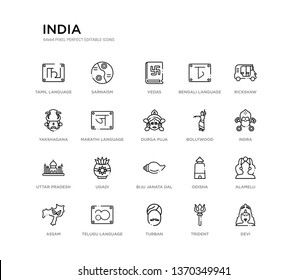 set of 20 line icons such as biju janata dal, ugadi, uttar pradesh, bollywood, durga puja, marathi language, yakshagana, bengali language, vedas, sarnaism. india outline thin icons collection.