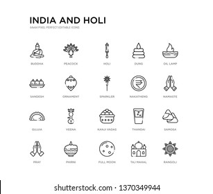 set of 20 line icons such as kanji vadas, veena, gujjia, nakatheng, sparkler, ornament, sandesh, dung, holi, peacock. india and holi outline thin icons collection. editable 64x64 stroke