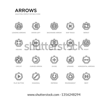 set of 20 line icons such as divide, curved arrow, circuit, rewind, center align, fast forward, square, skip track, backward arrow, enter left. arrows outline thin icons collection. editable 64x64