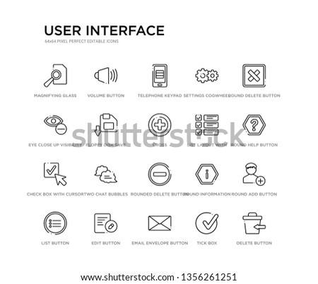 set of 20 line icons such as rounded delete button with minus, two chat bubbles, check box with cursor, list layout with check boxes, cross, floppy disk save button, eye close up visibility button,