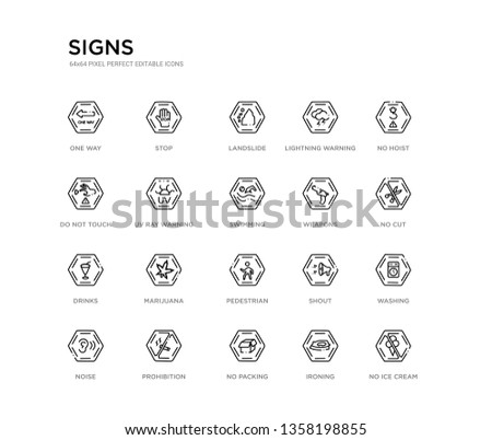 set of 20 line icons such as pedestrian, marijuana, drinks, weapons, swimming, uv ray warning, do not touch, lightning warning, landslide, stop. signs outline thin icons collection. editable 64x64