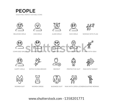 set of 20 line icons such as recruit, witch flying broom, happy smile, baby smile, sad smile, thinking confused sick alien kiss people outline thin icons collection. editable 64x64 stroke