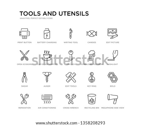 set of 20 line icons such as edit tools, auger, shear, download file from cloud, tiny key, cup of hot coffee, open scissors, candies, writing tool, battery charging status. tools and utensils