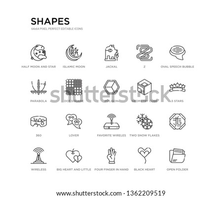 set of 20 line icons such as favorite wireles conecction, lover, 360, geometry cube, poligon, dot square, parabola, z, jackal, islamic moon. shapes outline thin icons collection. editable 64x64