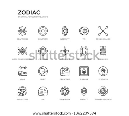 set of 20 line icons such as friendship, spirit, year, perseverance, affluence, hypocrisy, gods omnipressence, tin, ingenuity, devotion. zodiac outline thin icons collection. editable 64x64 stroke