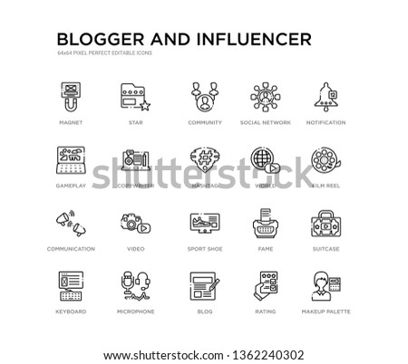 set of 20 line icons such as sport shoe, video, communication, world, hashtag, copywriter, gameplay, social network, community, star. blogger and influencer outline thin icons collection. editable